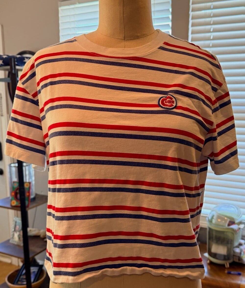 Tailgate Chicago Cubs MLB Striped Tee White Red Blue Crewneck crop Small